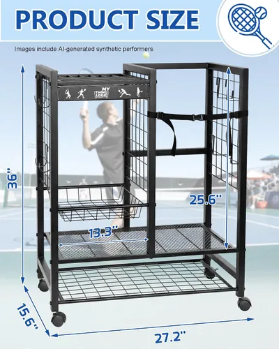 Vista 6 de Mythinglogic Estante de almacenamiento para bolsas de tenis, raqueta de tenis y organizador de pelotas, soporte para equipo de tenis para garaje