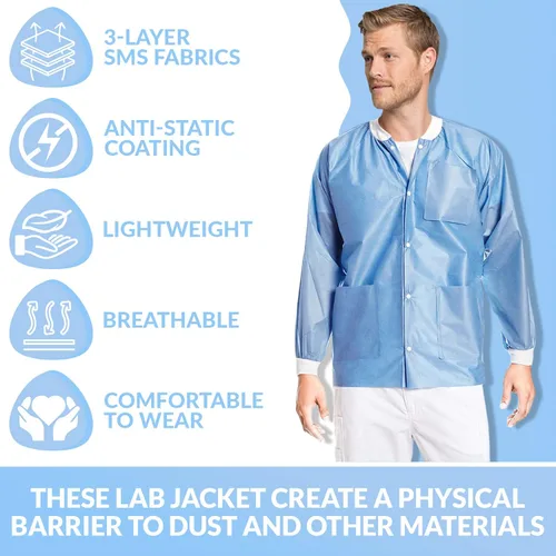 Vista 13 de Paquete de 10 chaquetas desechables de laboratorio, chaqueta médica reutilizable hasta la cadera, unisex, con puños de punto y bolsillos