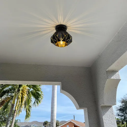 Vista 9 de Modern Geometric Ceiling Light, Black Metal Diamond Cage Design, Semi-Flush Mount, Industrial Style, E26, Matte Black with Gold Inside