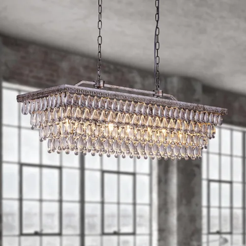 Vista 12 de Wellmet Candelabro de cristal para comedor, lámpara de techo rectangular de cristal de bronce antiguo de 30 pulgadas, 4 luces, iluminación de isla
