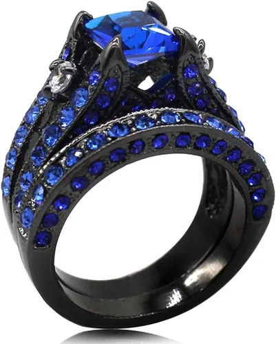 Vista 2 de Juego de anillos de matrimonio con circonias cúbicas de corte princesa de color azul y negro