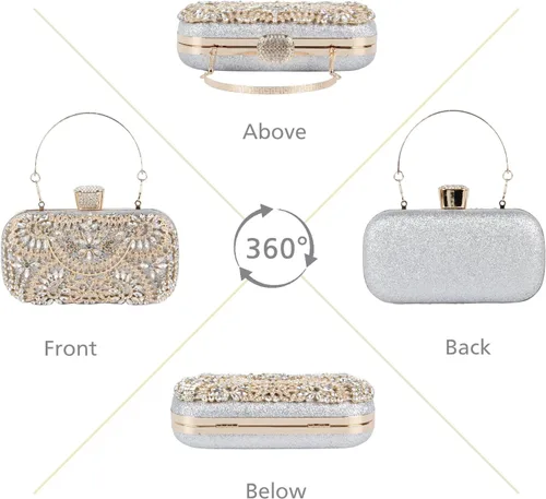 Vista 5 de Bolso de mano con diamantes de imitación, bolsa de noche floral de cristal brillante para mujer, formal, graduación, boda, fiesta