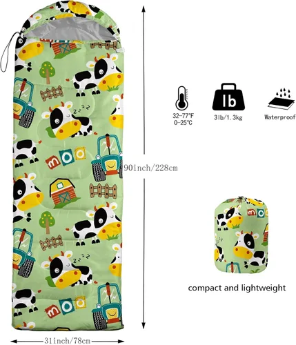 Vista 3 de Saco de dormir para niños y niñas, estampado de vaca de granja, ligero, cálido, portátil, para exteriores, interior, impermeable, resistente al