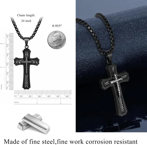 Vista 6 de Collar de cruz para hombre, colgante de cruz de acero inoxidable para hombre, collar de cadena de cruz de 22 pulgadas, 24 pulgadas, collar de cruz