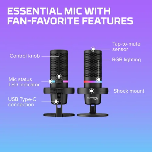 Vista 15 de HyperX DuoCast - Micrófono condensador USB RGB para PC, PS5, PS4, Mac, montaje de choque de bajo perfil, cardioide, omnidireccional, filtro pop