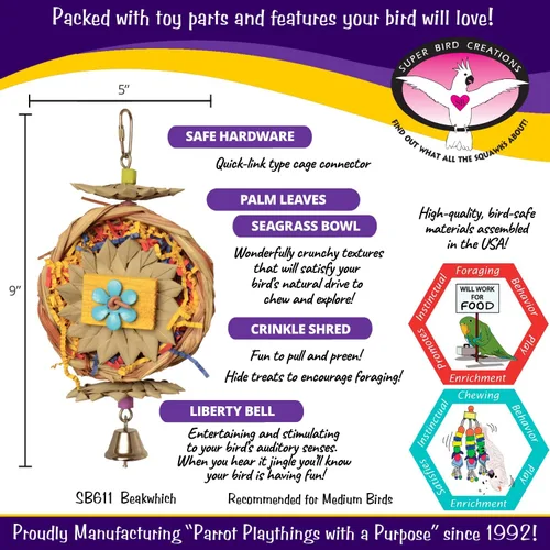 Vista 2 de Super Bird Creations SB611 Beakwhich Bird Toy - Accesorio interactivo y atractivo, ideal para loros de tamaño mediano, perfecto para masticar
