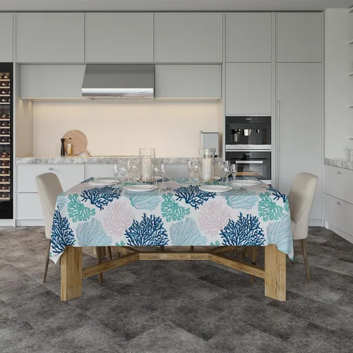 Vista 5 de Mantel rectangular náutico costero con estampado de coral, diseño de playa, decorativo impermeable para comedor al aire libre, cocina, sala