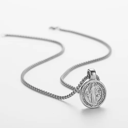 Vista 4 de FSYAEGZA Collar con colgante de medalla de exorcismo de San Benito para hombre, de acero inoxidable, colgante de cruz religiosa católica, colgante