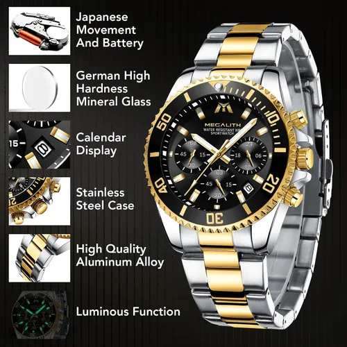Vista 9 de MEGALITH Relojes para hombre, acero inoxidable, impermeable, analógico, de cuarzo, cronógrafo, de negocios, para hombres, fecha automática