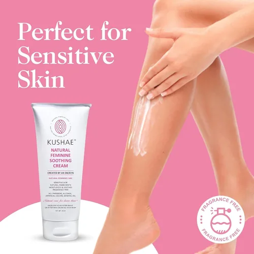 Vista 5 de Kushae Crema calmante femenina para después del afeitado, hecha por obstetra/ginecología, natural, sin fragancia, a base de aloe, hidratante íntimo