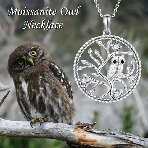 Vista 6 de ELFRONT Collar con colgante de árbol de la vida de plata de ley, colgante de diamante de moissanita, joyería de búho, regalos para ella