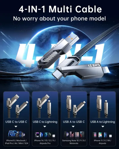 Vista 3 de SHEZI [Actualizado 2.0] 4-en-1 Cable USB C Corto 60W 0.6 Pies Carga Rápida [Sincronización de Datos 480Mbps] Cargador Combo de Cordón Plano Trenzado