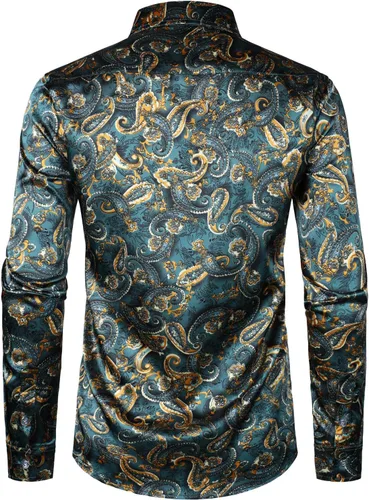 Vista 3 de ZEROYAA Men's Hipster Fitted Silk Like Satin Dress Shirt Long Sleeve Button Down Printed Shirt for Party Prom