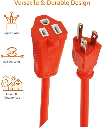 Vista 4 de Amazon Basics Cable de extensión de 50 pies de 3 clavijas para interiores y exteriores, resistente, 13 amperios, 1625 vatios, 125 VAC, naranja