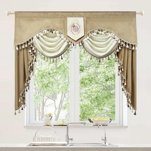 Vista 16 de Gxi Cenefa de cortina de terciopelo beige burdeos para ventanas de cocina, cenefas de cascada de terciopelo, cortinas de ventana para sala de estar