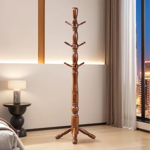 Vista 2 de Perchero de madera para pasillo, árbol de base triangular estable con 3 opciones de altura y 9 ganchos, perchero vintage independiente para pasillo