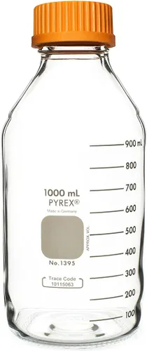 Vista 2 de Pyrex Botella redonda de almacenamiento de medios con tapa de rosca GL45, botellas de vidrio de borosilicato con tapas, cristalería científica