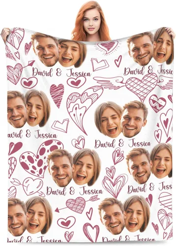 Vista 10 de Manta de fotos personalizada para parejas, 30 x 40 pulgadas, divertida manta de franela de forro polar suave con patrón de corazón sin costuras