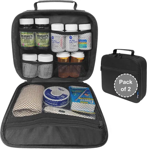 Vista 13 de Organizador de botellas de píldoras de viaje mediano, bolsa de medicina delgada, portador para medicamentos y suministros médicos - negro