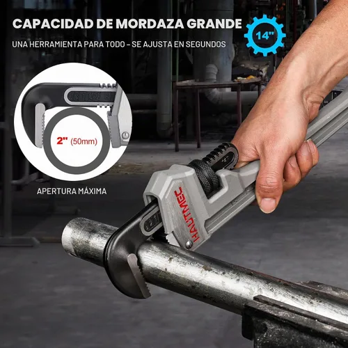 Vista 5 de HAUTMEC Llave de tubo recta de aluminio de 14 pulgadas, llave de fontanería ajustable, capacidad de mandíbula de 2 pulgadas, llave de tubería