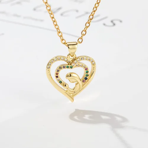 Vista 4 de FANCY SHINY Collar delicado de corazón de oro para mamá, collar de circonita cúbica, regalo de joyería para el día de la madre, cumpleaños