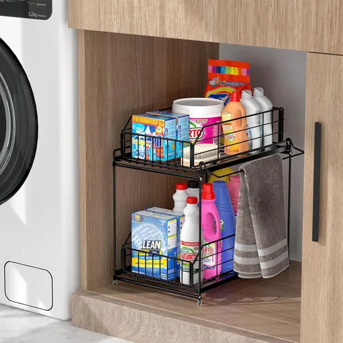 Vista 6 de SUEH DESIGN Organizadores y Almacenamiento Bajo el Fregadero, Almacenamiento de Metal de 2 Niveles Bajo el Fregadero con Riel Colgante