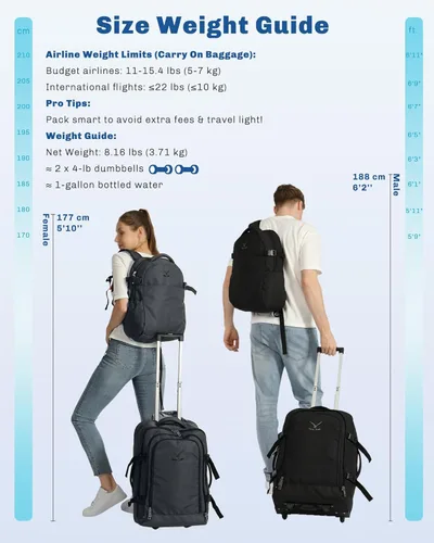 Vista 5 de Hynes Eagle Mochila de viaje 2 en 1 de 22 pulgadas, equipaje de mano de 63L, mochila con ruedas para hombres y mujeres con cubos de embalaje, juego