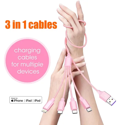 Vista 2 de Cable de carga múltiple de 4 pies, paquete de 2 cables de carga Doub Tyep-C 4 en 1, de nailon trenzado, cargador Lightning para iPhone, cable