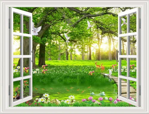 Vista 26 de Pintura autoadhesiva 3D, calcomanías de pared falsas para ventana, isla tropical con palmeras, mural de pared, vista de ventana, decoración de pared