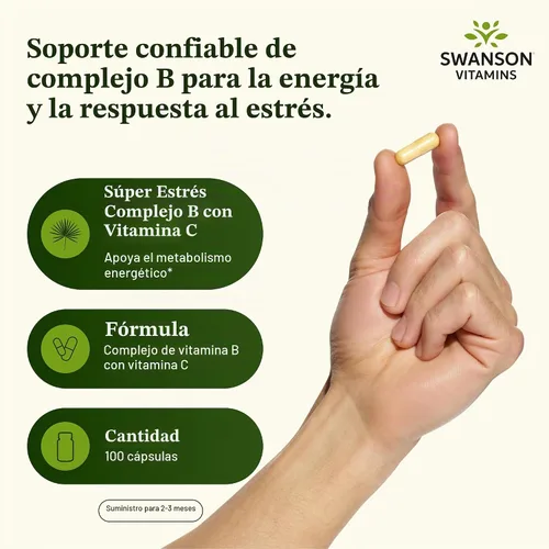 Vista 3 de Swanson Complejo B Super Stress con vitamina C para profesionales propensos al estrés que buscan energía y apoyo inmunológico (100 cápsulas)