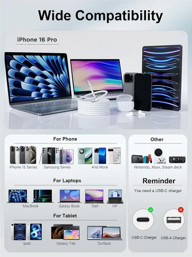 Vista 5 de Aioneus Cable USB C a USB C de 60 W, 6 pies, cable C a C, cable de carga rápida para iPhone17, cargador USB tipo C, cable de carga trenzado USBC a