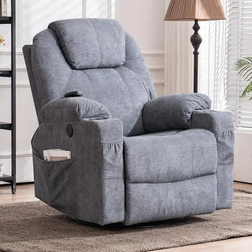 Vista 10 de MEETWARM Silla reclinable giratoria de masaje ergonómica con calor, silla reclinable mecedora manual mecedora giratoria de 360° con 4