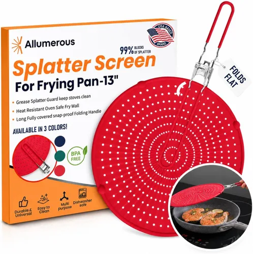 Vista 10 de Pantalla contra salpicaduras de silicona para sartén Verde 13" No más salpicaduras de aceite Mango plegable con fundas, resistente al calor