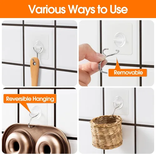 Vista 5 de Ganchos de Pared Adhesivos para Colgar de Servicio Pesado 33lb(Máx), Impermeables y Resistentes al Óxido Ganchos Autoadhesivos Transparentes