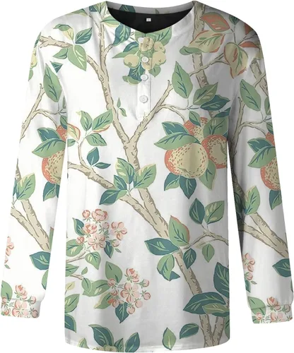 Vista 3 de Sudadera de manga larga para mujer, casual, cuello redondo, de gran tamaño, con botones, ajuste holgado, estilo vintage, casual, de algodón