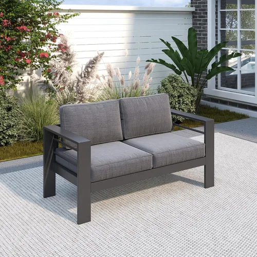 Vista 51 de Solaste Sofá de aluminio para patio con mesa auxiliar, juego de 3 muebles de patio con cojines, sofá de exterior para todo tipo de clima