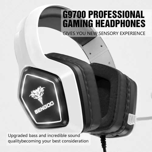 Vista 4 de BENGOO G9700 - Auriculares para juegos para PS4, PS5, Xbox One, control de PC, cancelación de ruido con micrófono, luz LED blanca, sonido envolvente