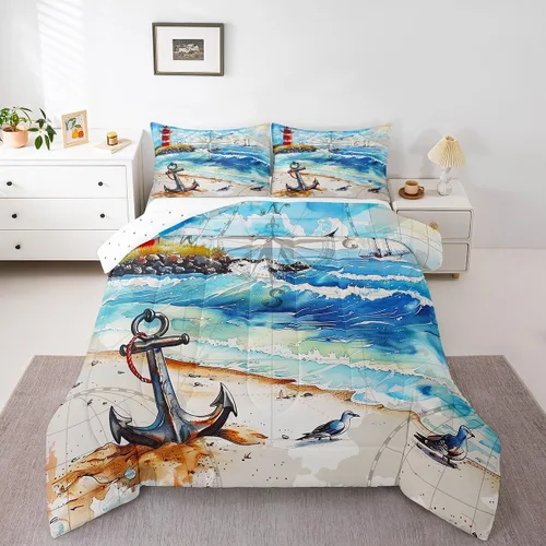 Vista 23 de Castle Fairy Juego de edredón de verano para niños, tamaño individual, diseño náutico reversible con diseño náutico de estrellas de mar, barco y Azul