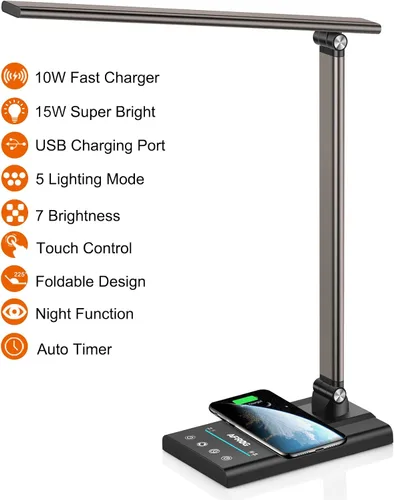 Vista 2 de AFROG - Lámpara de escritorio LED multifuncional de 5ª generación con cargador inalámbrico de carga rápida de 10 W, puerto de carga USB, 1800 lux
