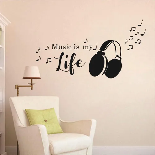 Vista 2 de Calcomanía de pared para notas musicales y auriculares, diseño de música es