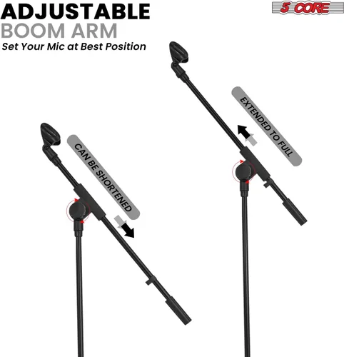Vista 7 de Soporte de micrófono de 5 núcleos para piso, 2 soportes de micrófono de doble trípode ajustables con capacidad para 2 micrófonos con brazo