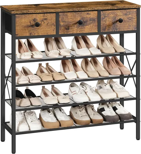 Vista 10 de YATINEY - Zapatero de 4 niveles con 3 cajones, organizador de zapatos de metal para 15 pares con estantes de almacenamiento y parte superior de Negro