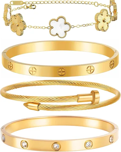 Vista 12 de Pulseras de oro para mujer - 4 piezas/3 piezas, juego de pulseras de tenis de 18K de oro chapado, elegantes pulseras de oro no manchadas de acero