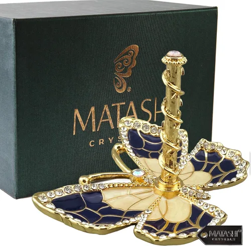 Vista 2 de Matashi Organizador de joyas de mariposa chapado en oro con esmalte azul y cristales, elegante soporte para anillos, regalo ideal para ella