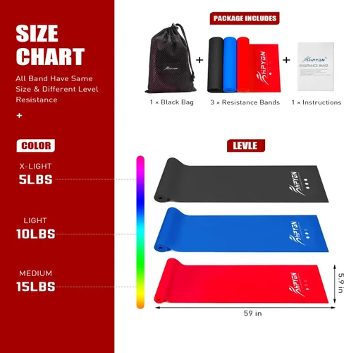 Vista 7 de HPYGN Banda de resistencia para terapia física, correa elástica de 12 8-Negro/Azul/Rojo