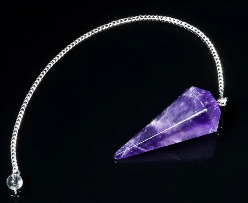 Vista 2 de Crocon Péndulo de cristal curativo de amatista para adivinación de radiestesia, 6 facetas puntiagudas, curación reiki, cuarzo, bruja, Wicca