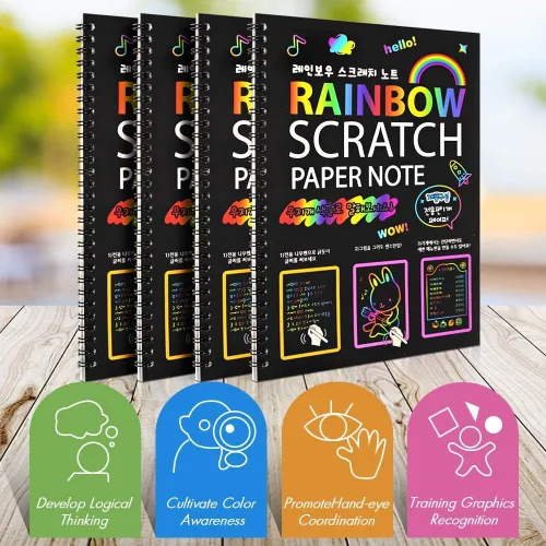 Vista 4 de Paquete de 4 cuadernos de dibujo Scratch Arts para niños, juego de papel de dibujo grande de arco iris para suministros de arte para niños