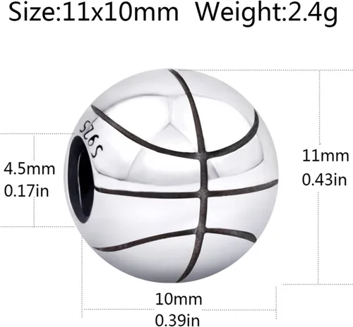 Vista 2 de Abalorio de baloncesto de plata de ley 925 Sport Beach Ball Beads para DIY Charms pulsera