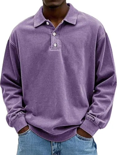 Vista 6 de Camisa Polo de Manga Larga para Hombre Camisa con Botón Desgastado Básica Color Sólido Camisa Polo Clásica Holgada Casual Camisas con Cuello Camiseta