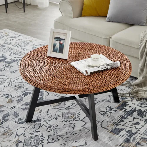 Vista 8 de RANDEFURN Mesa de centro redonda, mesa de cóctel de madera de pino maciza con marco en X y marco de X, fácil de montar, varios tamaños para sala